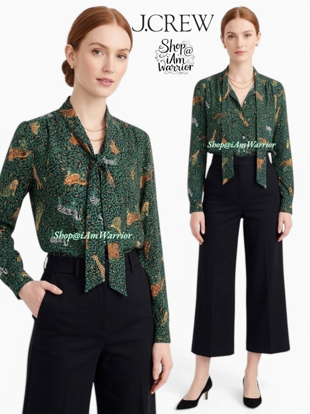 J.Crew hunter green jungle print tie neck blouse *shop@iamwarrior